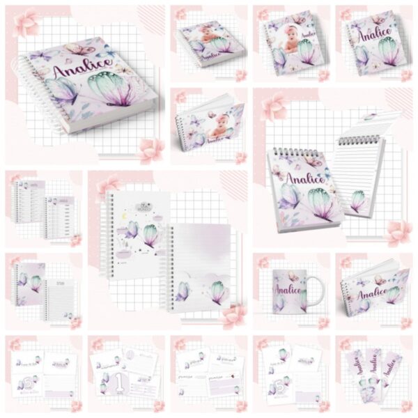 kit completo maternidade borboletas arquivo digital anotacoes