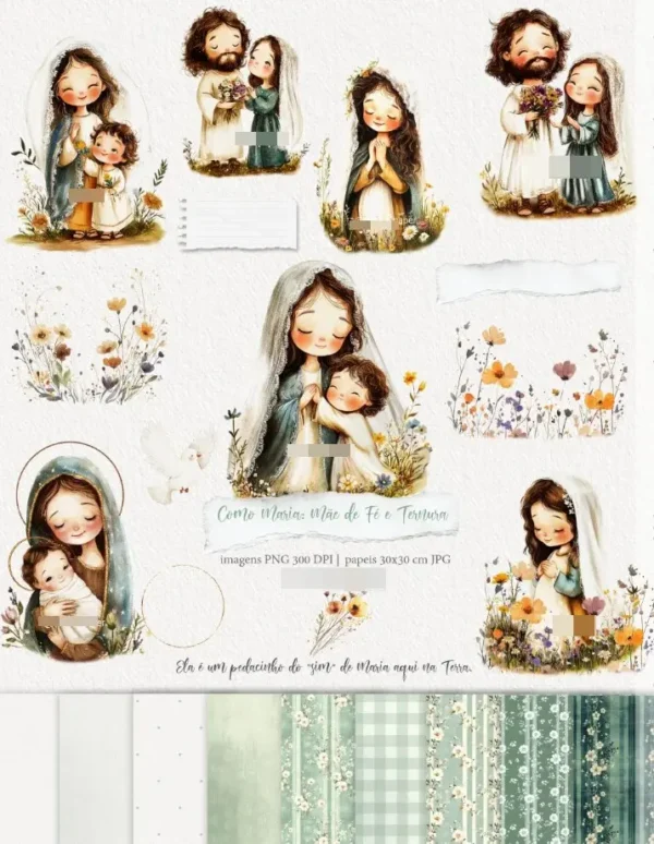 Kit de Arte Maria Mãe de Fé - Tons Aquarelados PNG