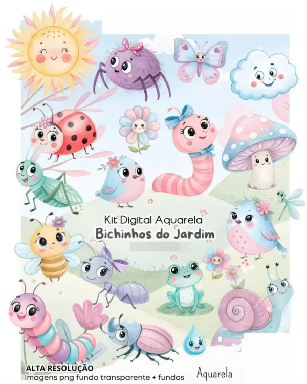 Kit de Design Bichinhos do Jardim em Estilo Aquarela PNG