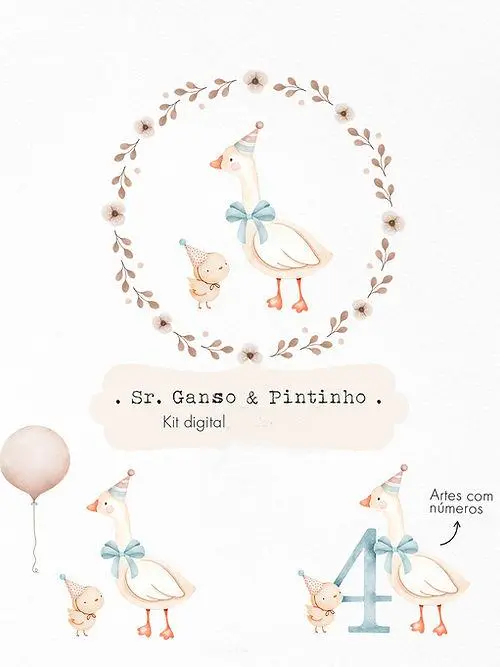 Kit de Números Aquarela do Sr. Ganso e Pintinho em PNG
