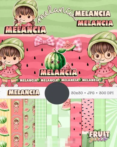 Kit Digital Aquarela: Boneca Cute com Frutas PNG