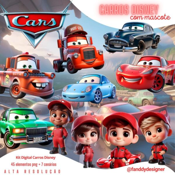 Kit Digital Carros Disney 3D Cute Fofo Ilustrações Png
