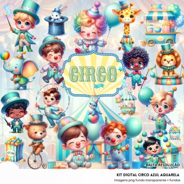 Kit Digital Circo Azul 3D Cute Fofo Ilustrações Png