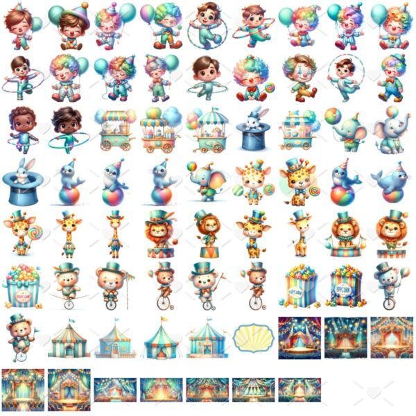 Kit Digital Circo Azul 3D Cute Fofo Ilustrações Png