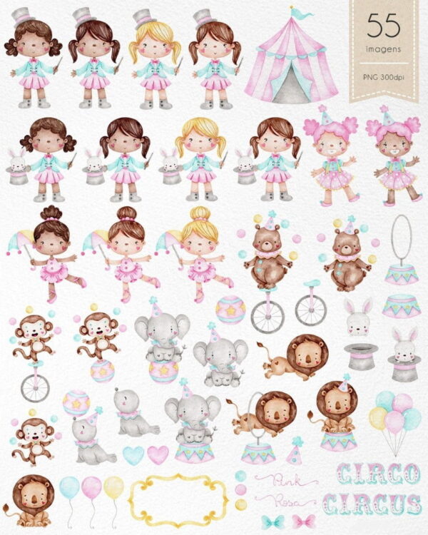 Kit Digital Circo Rosa Em Aquarela Ilustrações Png Scrapbook