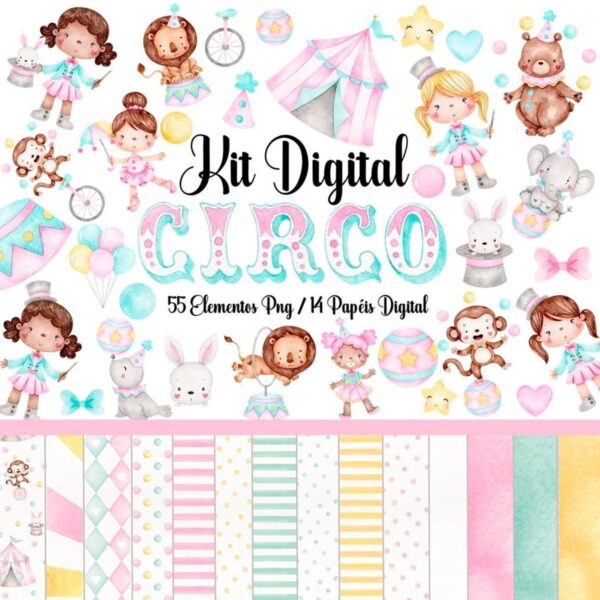 Kit Digital Circo Rosa Em Aquarela Ilustrações Png Scrapbook