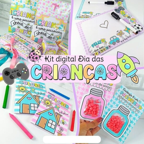 Kit Digital Dia Crianças Personalizados Papelaria Embalagens