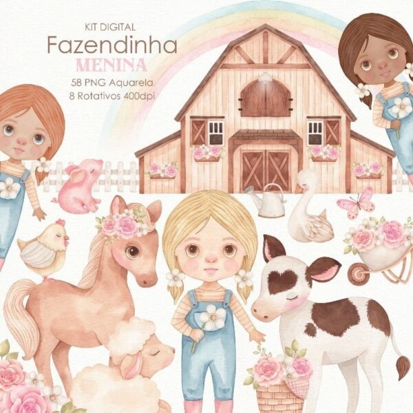 Kit Digital Fazendinha Menina Aquarela Png Imagens Scrapbook