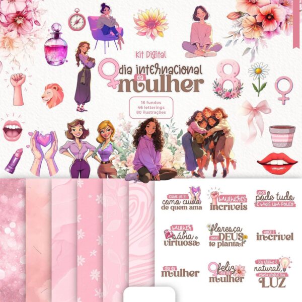 Kit Digital Feminino Rosa 2025 Elementos e Papéis PNG