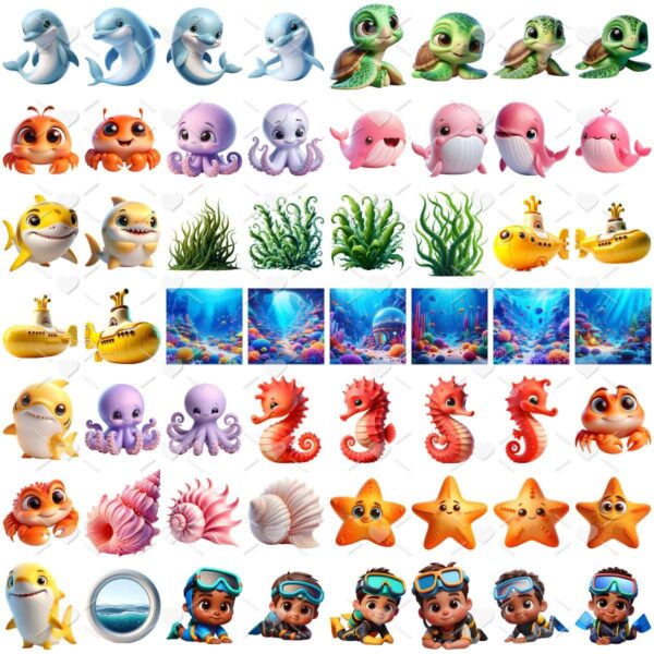 Kit Digital Fundo do Mar 3D Menino Baby Png Ilustrações 3D