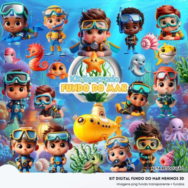 Kit Digital Fundo do Mar 3D Menino Baby Png Ilustrações 3D