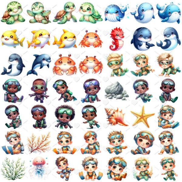 Kit Digital Fundo do Mar Aquarela Baby Png Ilustrações