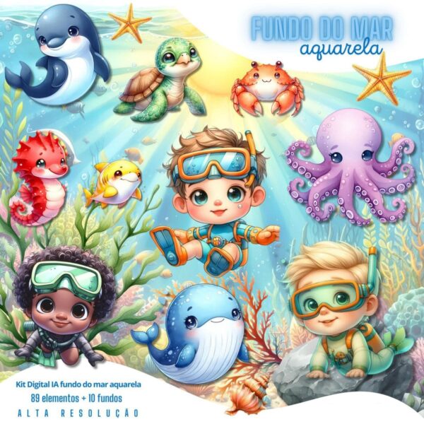 Kit Digital Fundo do Mar Aquarela Baby Png Ilustrações