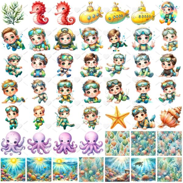 Kit Digital Fundo do Mar Aquarela Baby Png Ilustrações