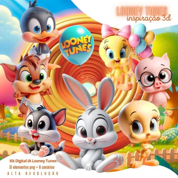Kit Digital Looney Tunes Baby Png Ilustrações 3D Fofo