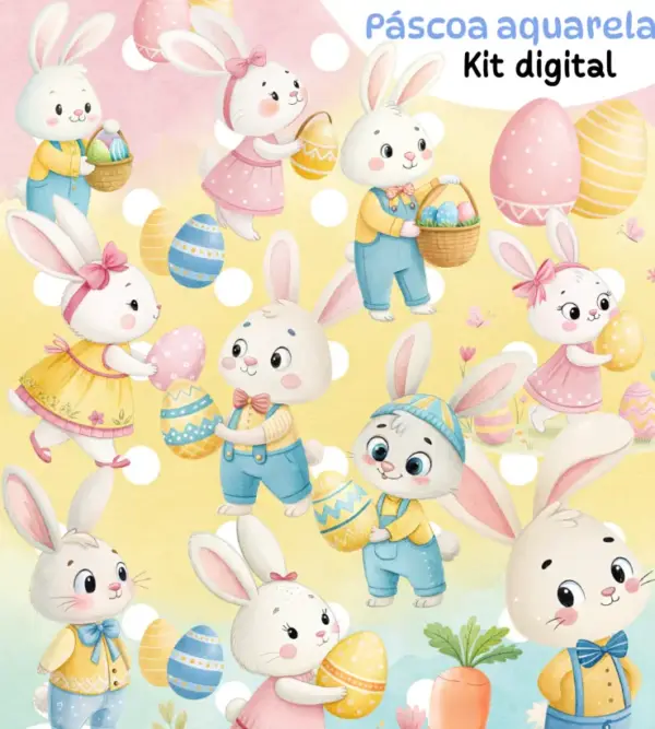 Kit Digital Pascoa Coelhinhos Aquarela Para Decoracao Festiva