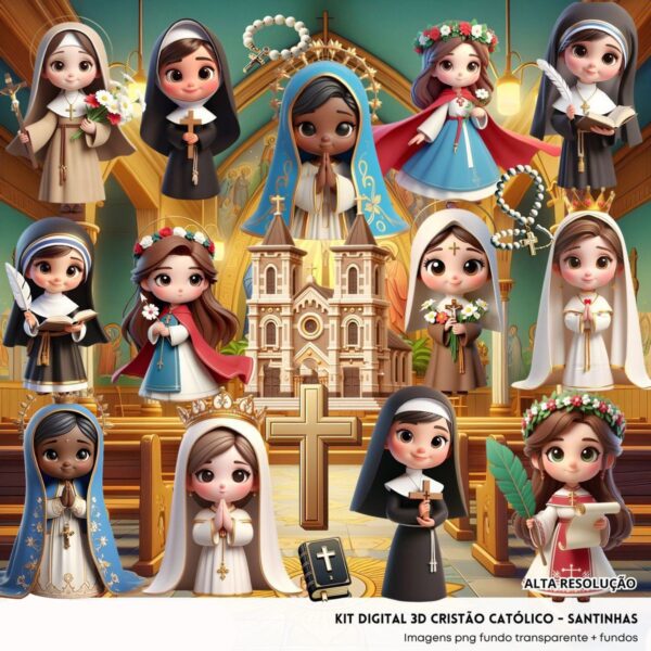 Kit Digital Santinhas Católicas 3D Cute Fofo Ilustrações Png