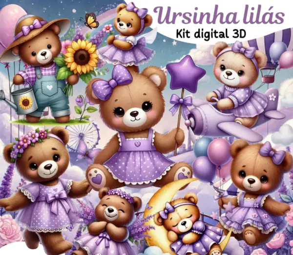 Kit Digital Ursinha Em Lilas Png Para Lembrancinhas 2