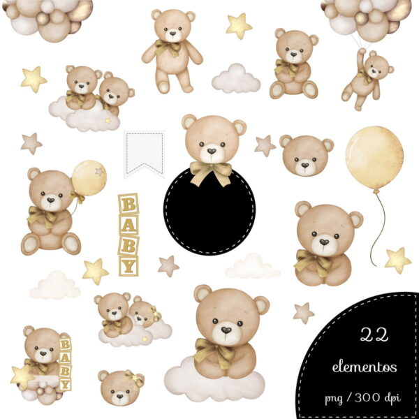 Kit Digital Ursinho Bege com Dourado Png - Imagem 2