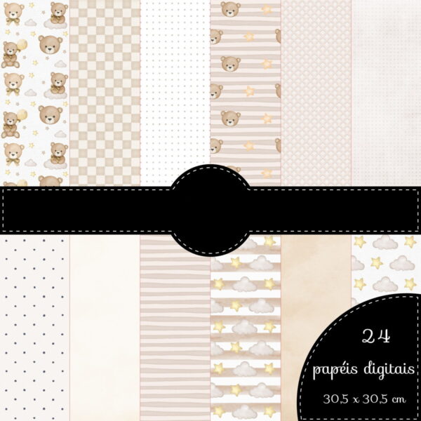 Kit Digital Ursinho Bege com Dourado Png - Imagem 3