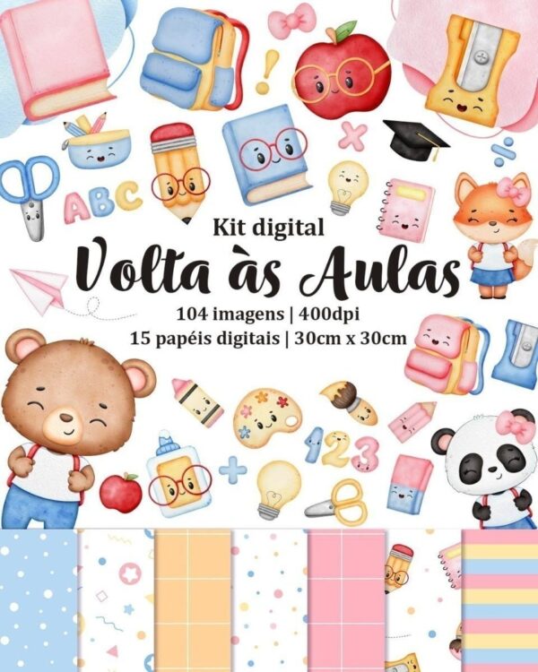 Kit Digital Volta Às Aulas Aquarela Raposa Panda Urso Png