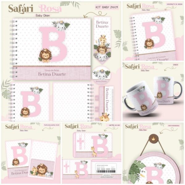 kit encadernacao baby safari rosa inicial arquivo digital papelaria