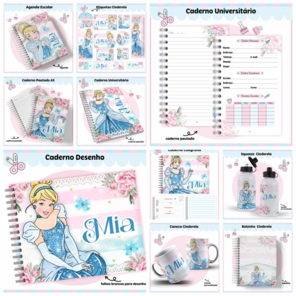 kit escolar cinderela arquivo digital arte para canecas