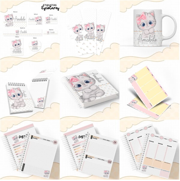 kit escolar gatinha arquivo digital caderno universitario