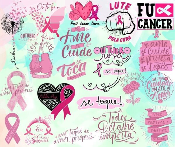Kit Frases Outubro Rosa Lettering Mulher Feminino Prevenção
