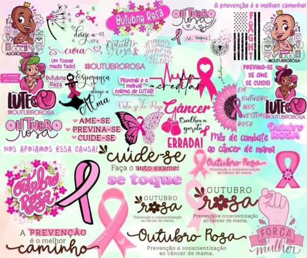 Kit Frases Outubro Rosa Lettering Mulher Feminino Prevenção