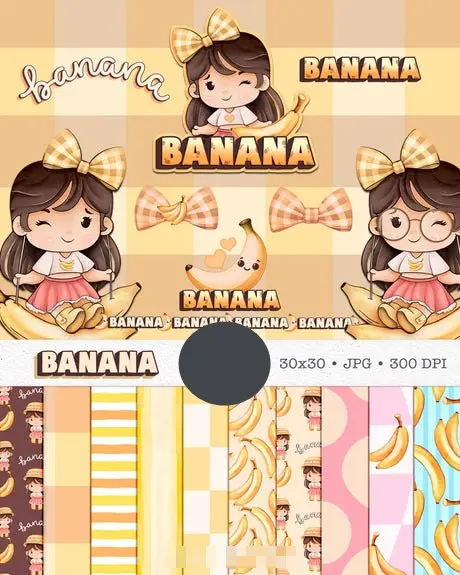 Kit para Scrapbooking Boneca com Tema Banana Aquarelado