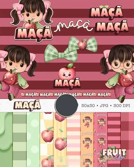 Kit para Sublimação com Boneca Cute e Maçã em Aquarela PNG