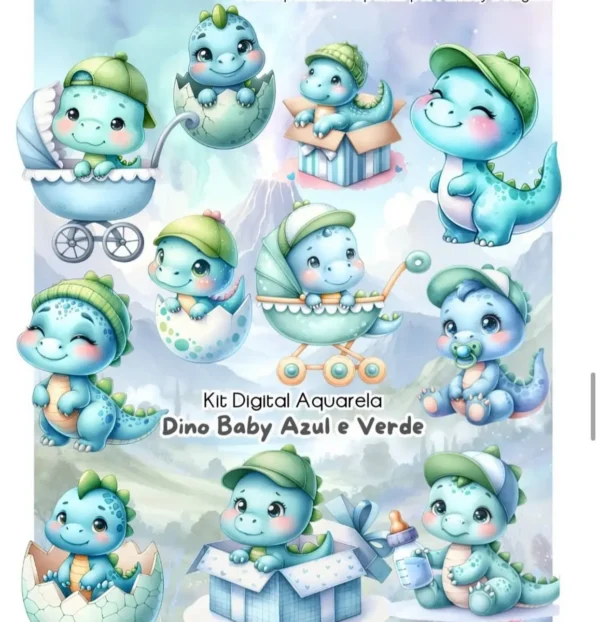 Kit PNG Dino Baby Aquarela - Ideal para Scrapbooking