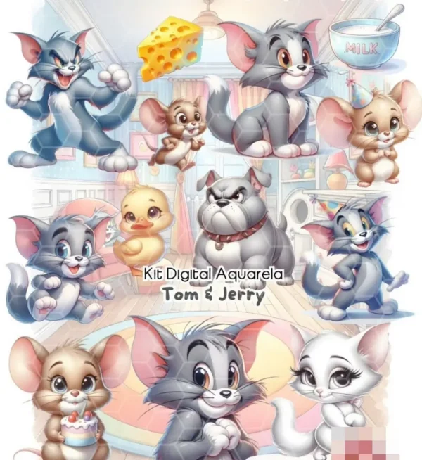 Kit Temático Tom e Jerry Aquarela em Formato PNG
