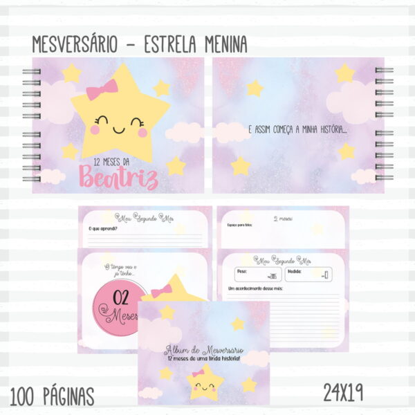 livro mesversario estrela menina arquivo digital papel e scrapbook