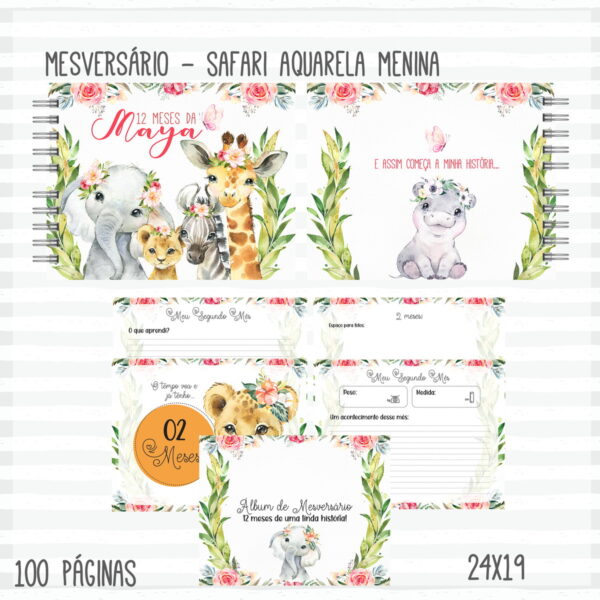 livro mesversario safari aquarela menina arquivo digital maternidade
