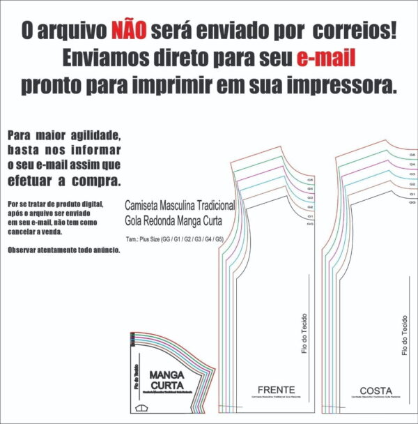 Molde Camiseta Tradicional Masculina, Plus Size