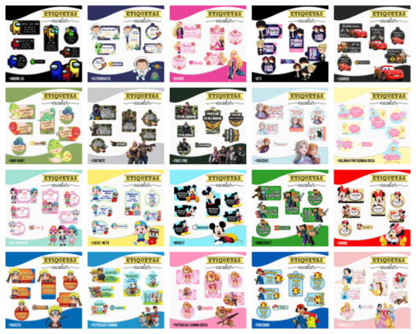 pack 22 etiquetas escolares arquivo digital papelaria personalizada