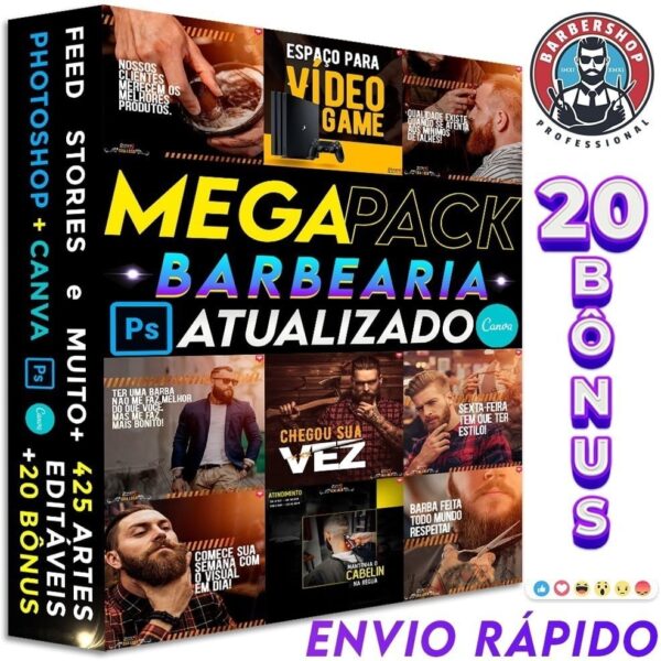 Pack Barbearia Psd E Canva 425 Artes + 15 Brindes