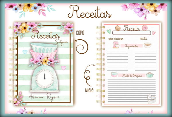 pack caderno de receitas arquivo digital papelaria personalizada
