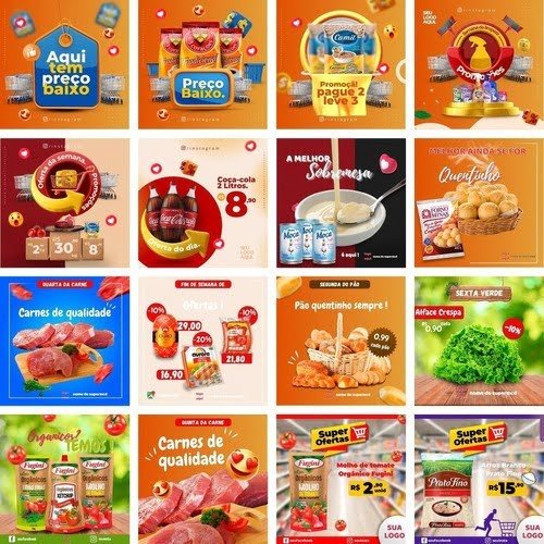 Pack Canva 32 Artes Super Mercado Mercearia Fruteira Atacado