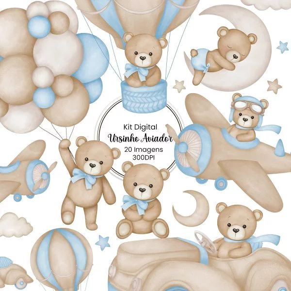 Pack Urso Aviador Azul Ilustrações Bebê Menino Recém Nascido