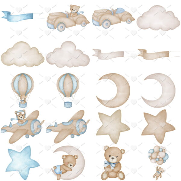 Pack Urso Aviador Azul Ilustrações Bebê Menino Recém Nascido