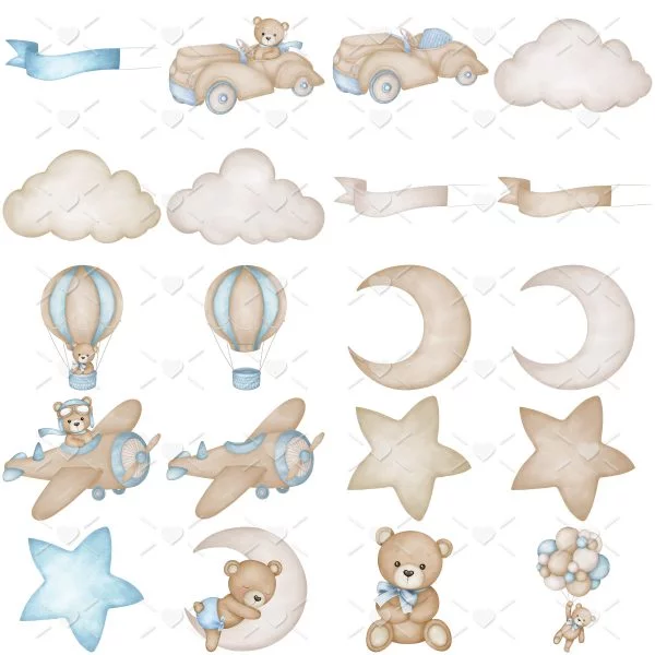 Pack Urso Aviador Azul Ilustrações Bebê Menino Recém Nascido