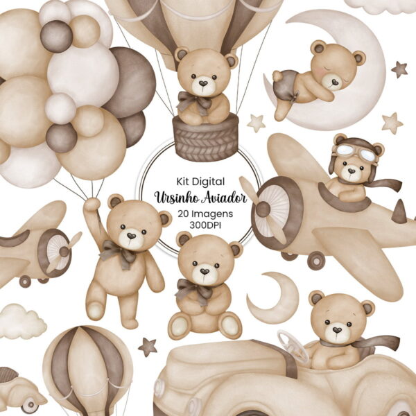 Pack Urso Aviador Marrom Ilustrações Bebê Menino Decoração