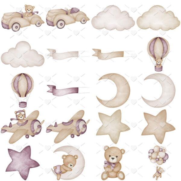 Pack Urso Aviador Roxo Ilustrações Bebê Menino Vintage Png
