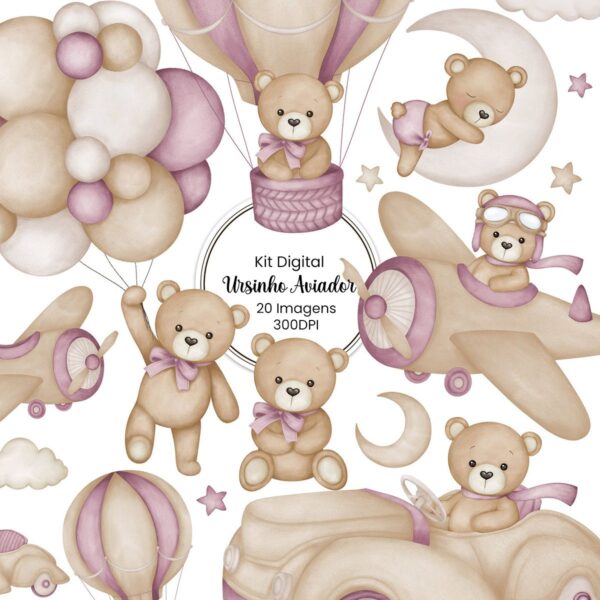 Pack Urso Aviador Roxo Ilustrações Bebê Menino Vintage Png