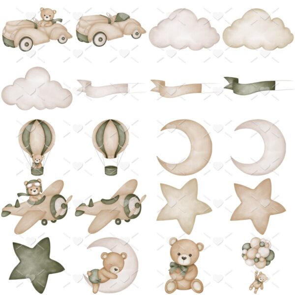 Pack Urso Aviador Verde Ilustrações Bebê Menino Vintage Png