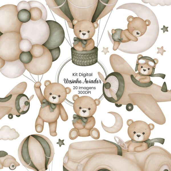 Pack Urso Aviador Verde Ilustrações Bebê Menino Vintage Png