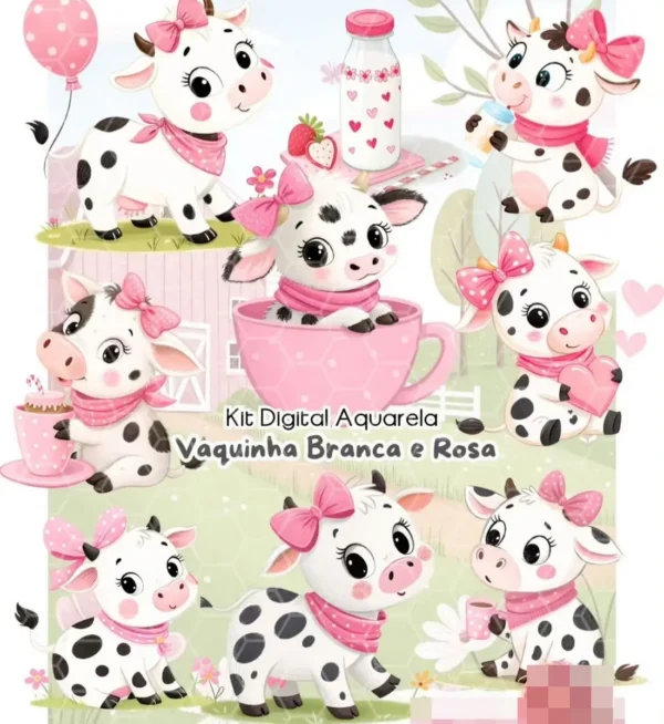 Pacote de Arquivos PNG - Vaquinha Rosa Aquarelada
